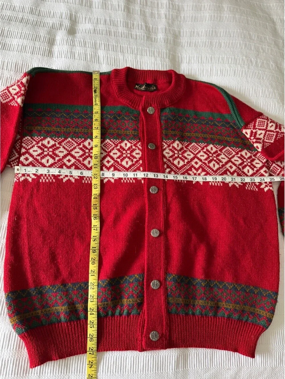 NORDSTRIKK Norway Wool Fair Isle Cardigan Sweater Large Ski Snowflake Red Green
